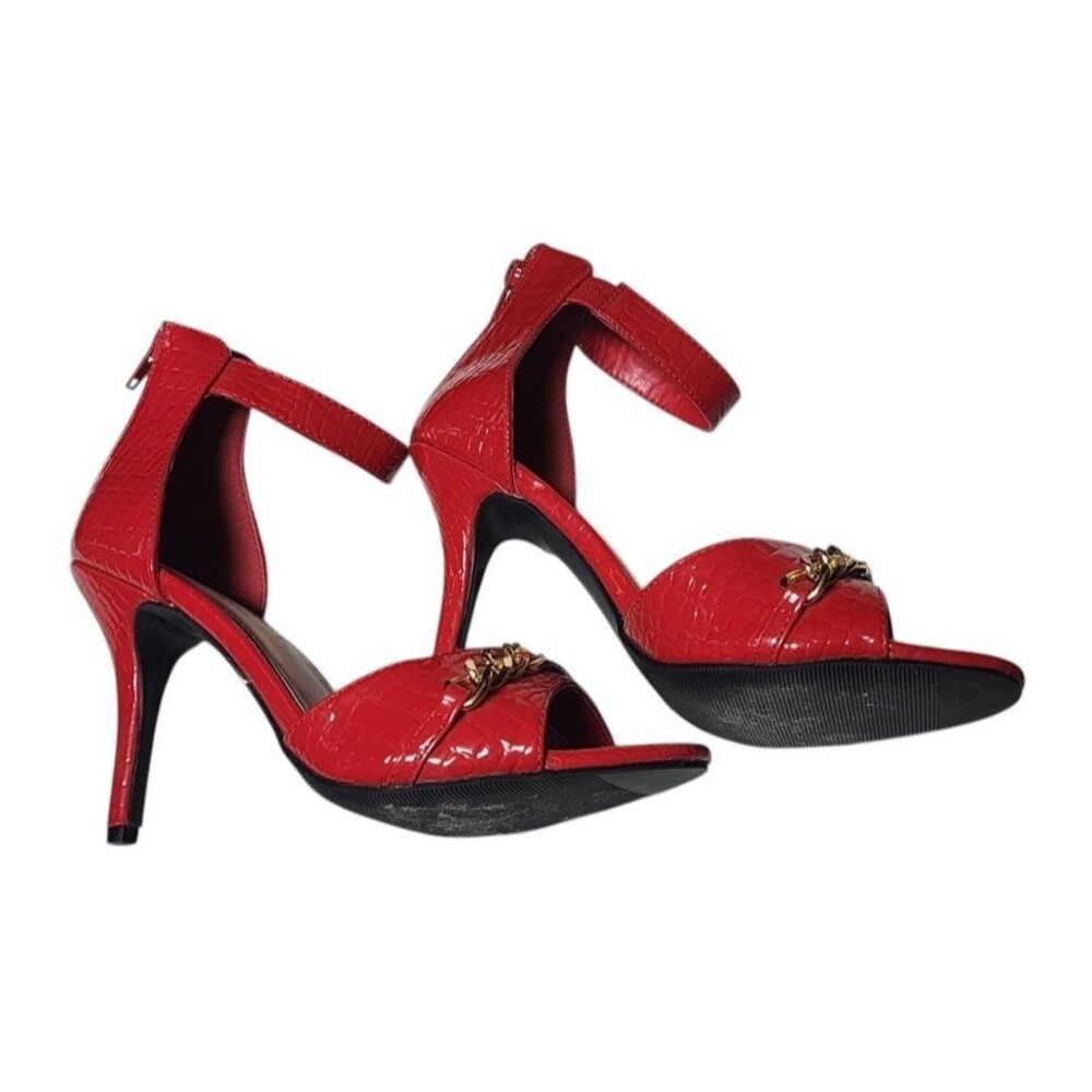 Juicy Couture Maia Red Chain Dress Sandals Size 7.5 Back Zip Ankle Strap